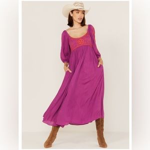 Free People Women's Wedgewood Embroidered Long Puff Sleeve Midi Dress